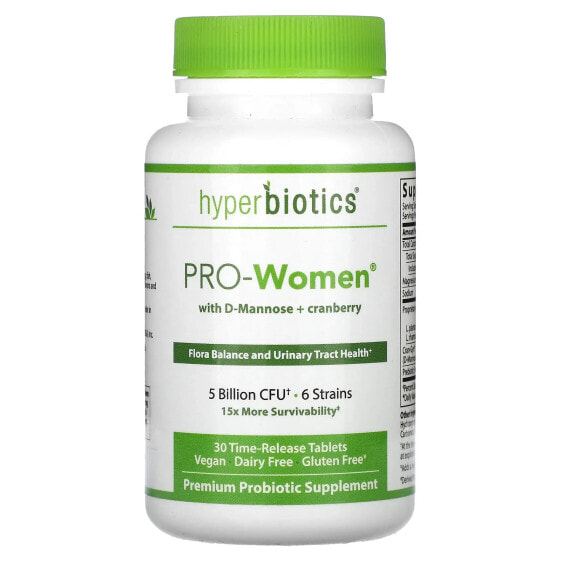 Hyperbiotics, PRO-Women с D-маннозой и клюквой, без добавок, 5 млрд КОЕ, 30 таблеток с замедленным высвобождением