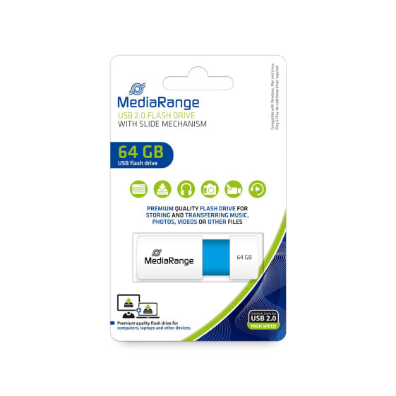 MEDIARANGE USB Stick 64GB MR974 - 64 GB - USB Type-A - 2.0 - 16 MB/s - Slide - Blue - White