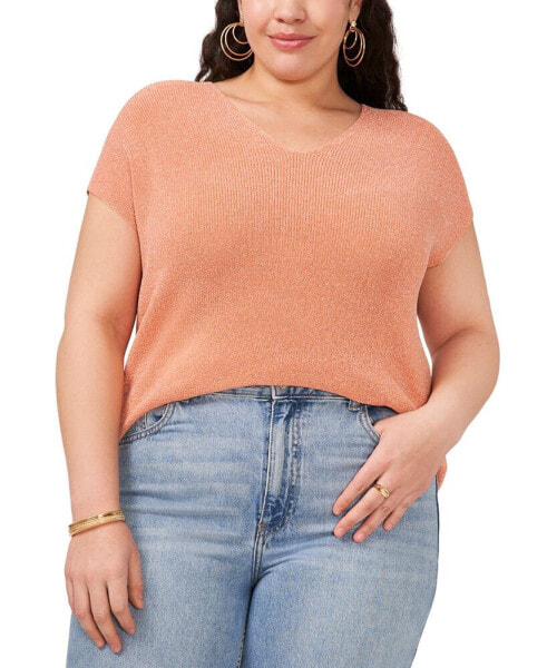 Plus Size Metallic V-Neck Short-Sleeve Sweater