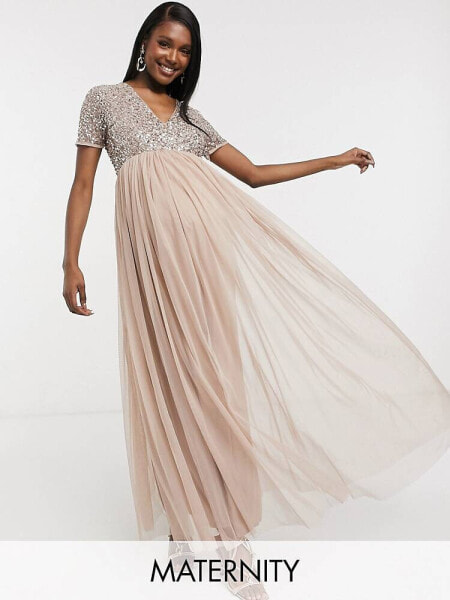 Maya Maternity Bridesmaid short sleeve maxi tulle dress with tonal delicate sequins in muted blush