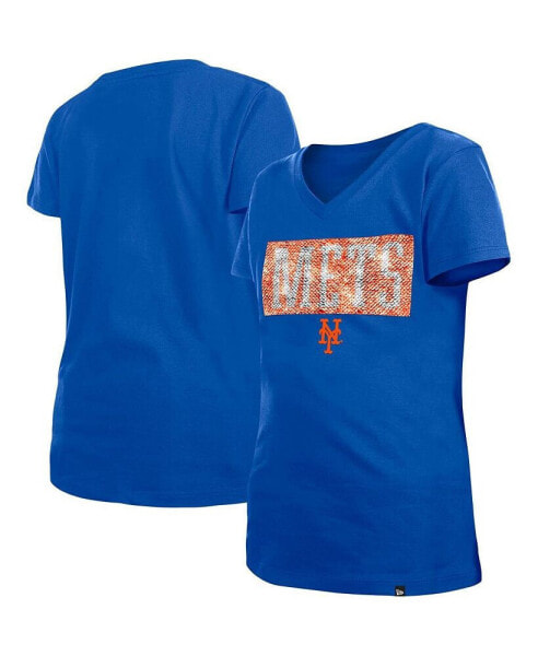 Big Girls Blue New York Mets Flip Sequin Team V-Neck T-shirt