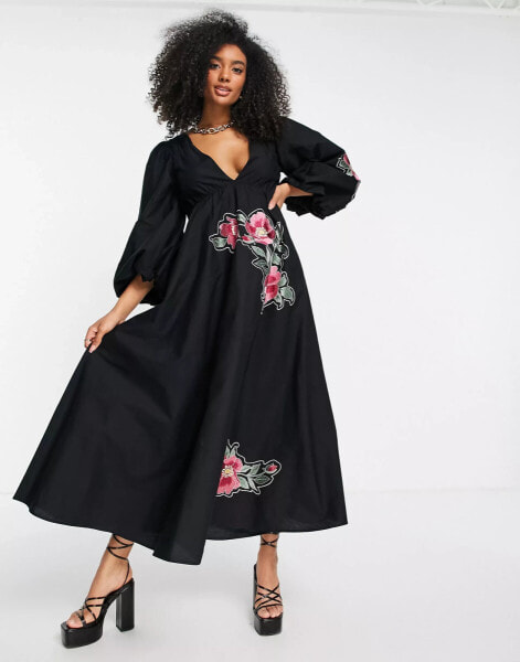 ASOS DESIGN puff sleeve poplin midi dress with patchwork embroidery in black