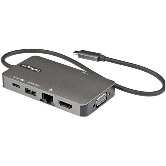 StarTech.com USB-C Multiport Adapter - USB-C to 4K 30Hz HDMI or 1080p VGA - USB Type-C Mini Dock w/ 100W Power Delivery Passthrough - 3-Port USB Hub 5Gbps - GbE - 12" (30cm) Attached Cable - USB 3.2 Gen 1 (3.1 Gen 1) Type-C - 100 W - 10,100,1000 Mbit/s - Black - Grey