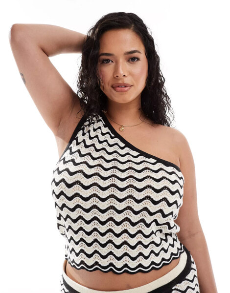 Noisy May Curve knitted one shoulder top co-ord in black & white wave