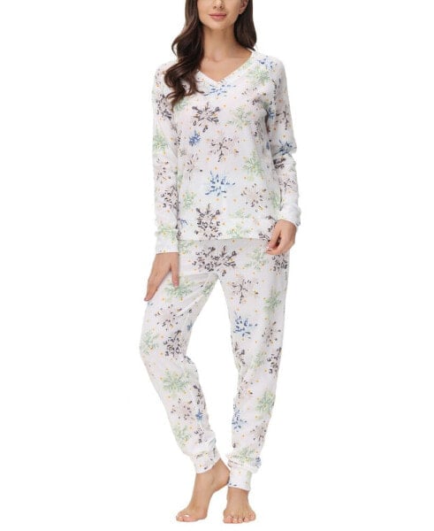 Women's Printed Microfleece V-neck Long Sleeve Top with Jogger 2 Pc Pajama Set