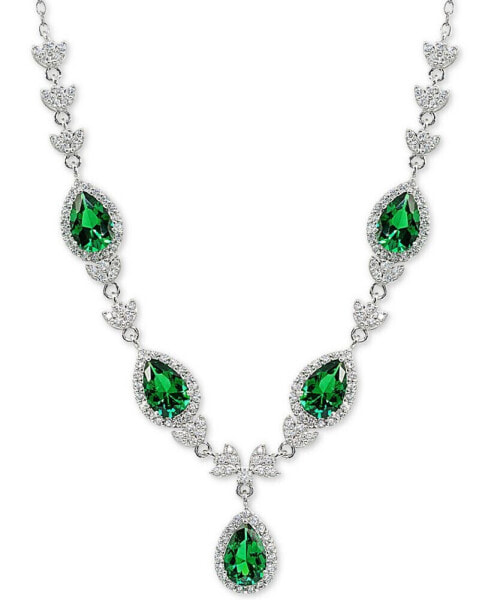 Cubic Zirconia Green Halo Fancy Statement Necklace in Sterling Silver, 16" + 2" extender