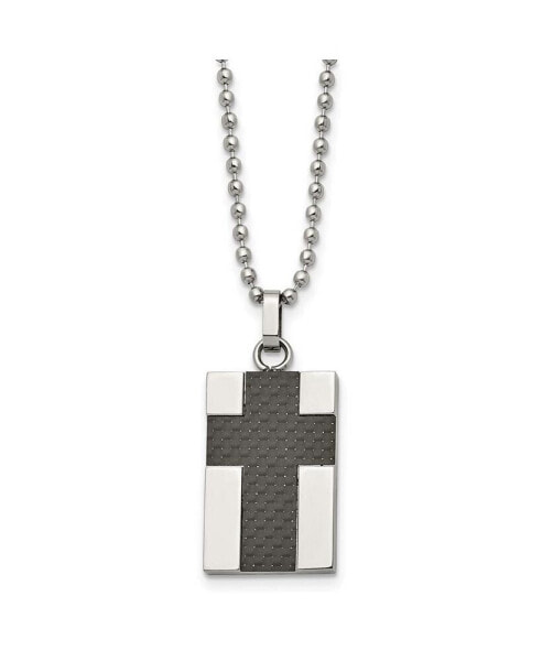 Polished Carbon Fiber Inlay Cross Pendant Ball Chain Necklace