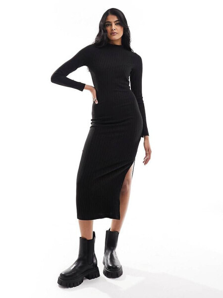 New Look high neck long sleeve midi dress in black