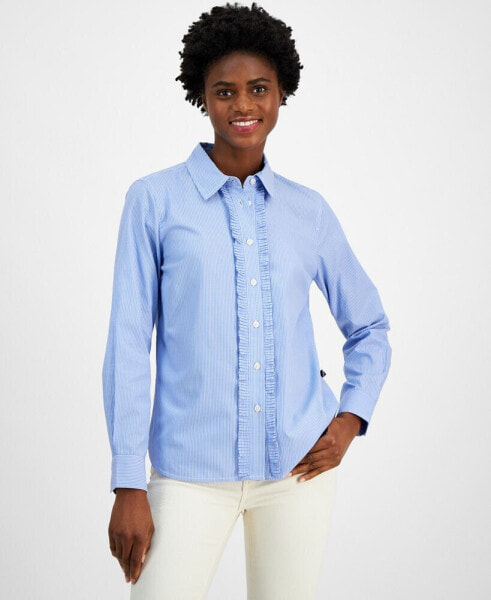 Women's Striped Ruffled Button-Front Cotton Shirt