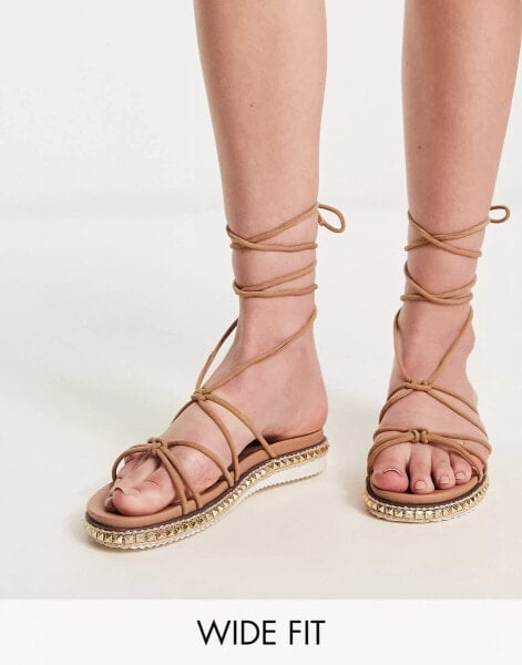 New Look Wide Fit studded flatform sandals with ankle tie strap in oatmeal V151586785 40 4448 LiteMF Market