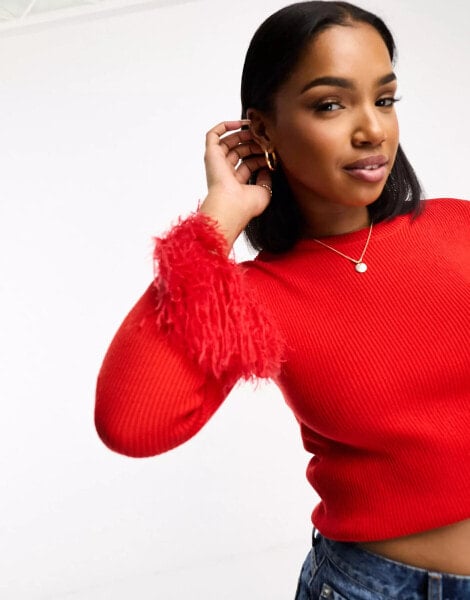 Wednesday's Girl fitted rib jumper with fluffy cuffs in red