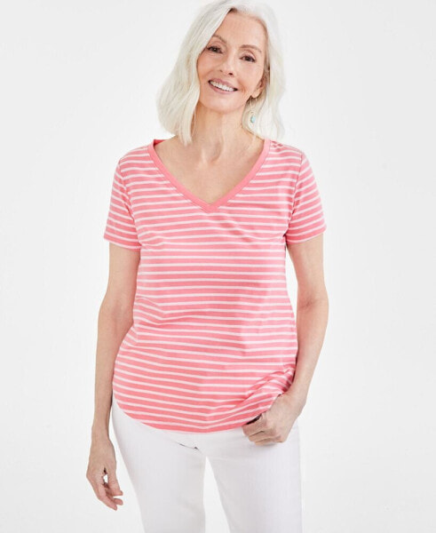 Women's Striped Knit V-Neck T-Shirt, Created for Macy's