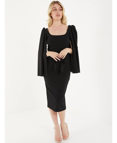 Women's Scuba Crepe Split Sleeve Midi Dress