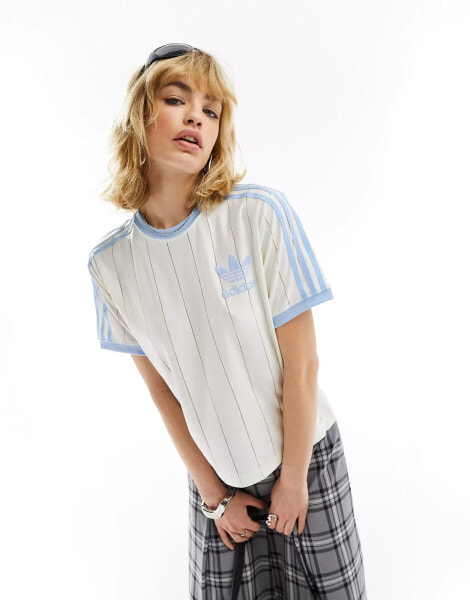 adidas Originals three stripe t-shirt in off white and blue