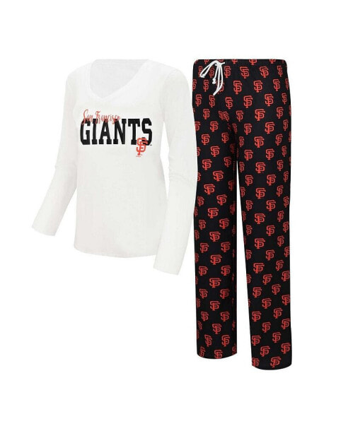 Women's White, Black San Francisco Giants Long Sleeve V-Neck T-shirt and Gauge Pants Sleep Set