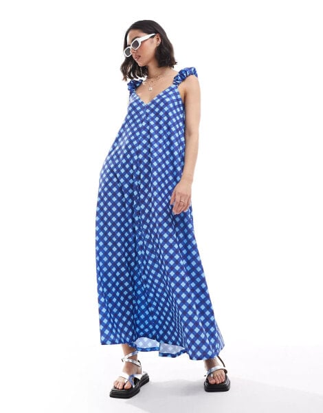 ASOS DESIGN puff sleeve trapeze maxi dress in blue check