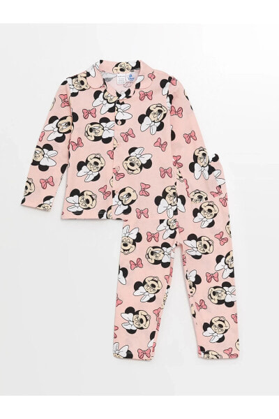 Polo Yaka Uzun Kollu Minnie Mouse Baskılı Kız Bebek Pijama Takım