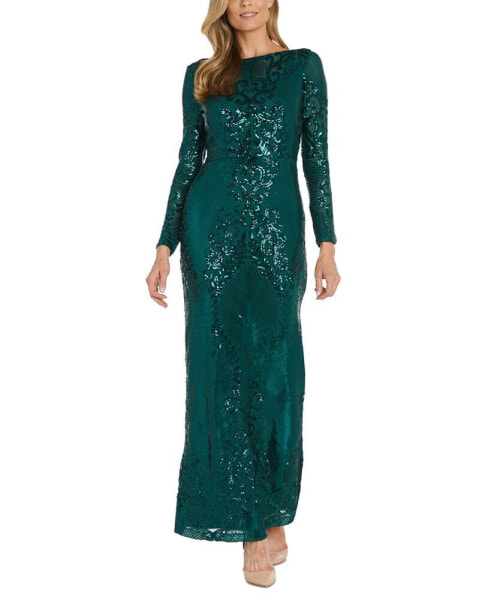 Women's Sequin Long-Sleeve Illusion Gown