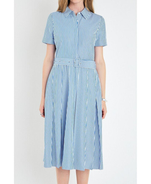 Women's Striped Belted Midi Dress