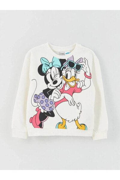 Bisiklet Yaka Minnie Mouse ve Daisy Duck Baskılı Uzun Kollu Kız Çocuk Sweatshirt