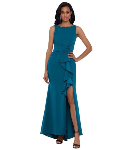 Petite Ruffled Boat-Neck Gown