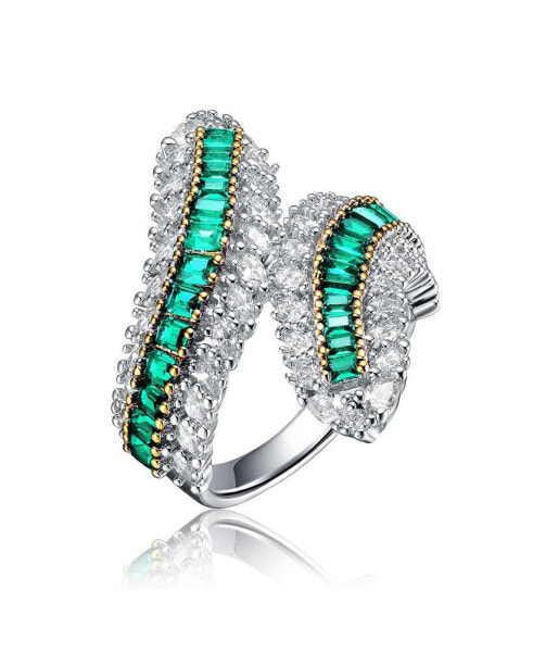 Sterling Silver Rhodium Plated with Emerald Cubic Zirconia Bypass Ring