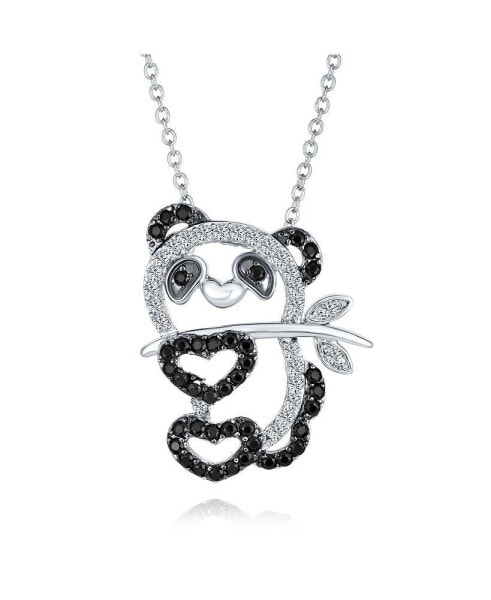 Whimsical Cute Zoo Animal Black White Cubic Zirconia Pave CZ Open Panda Bear Pendant Necklace For Women Teen Rhodium Plated Brass