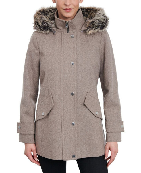 Women's Faux-Fur-Trim Hooded Wool Blend Walker Coat