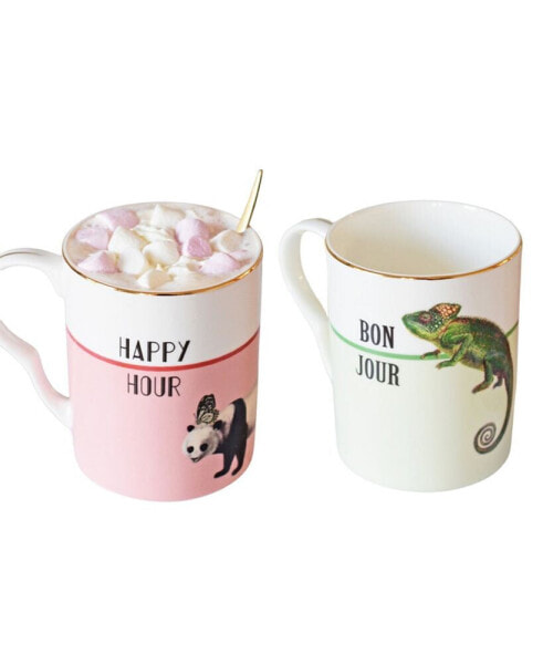 Happy Hour and Bonjour Mugs, Set of 2