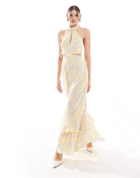 Pretty Lavish halter neck cut-out maxi dress in lemon and beige floral