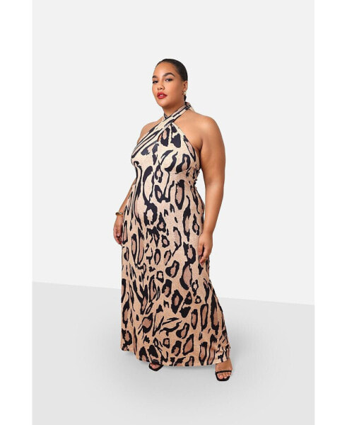 Plus Size Kenya Leopard Halter Maxi Slip Dress