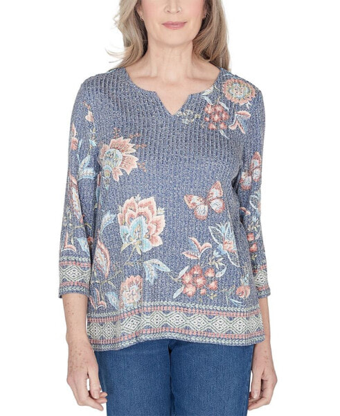 Petite Floral Border Split-Neck Top