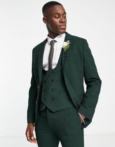 ASOS DESIGN wedding super skinny suit jacket in micro texture in forest green