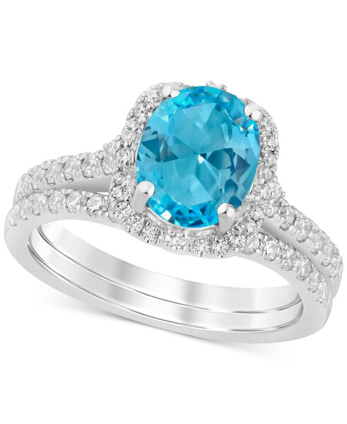 Swiss Blue Topaz (2-1/8 ct. t.w.) & Diamond (1/2 ct. t.w.) Halo Bridal Set in 14k White Gold