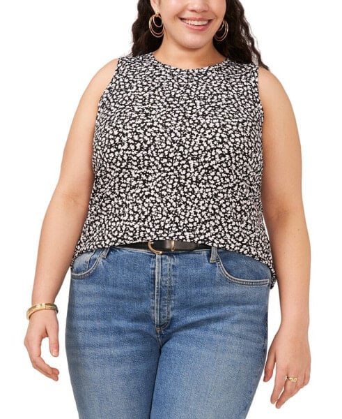 Plus Size Printed Crewneck Split Back Keyhole Tank Top