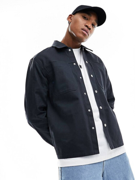 River Island long sleeve popper front overshirt in dark grey