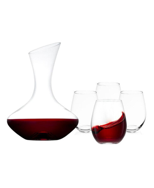 Lancia Crystal Wine Decanter with Stemless Glasses, Set of 4