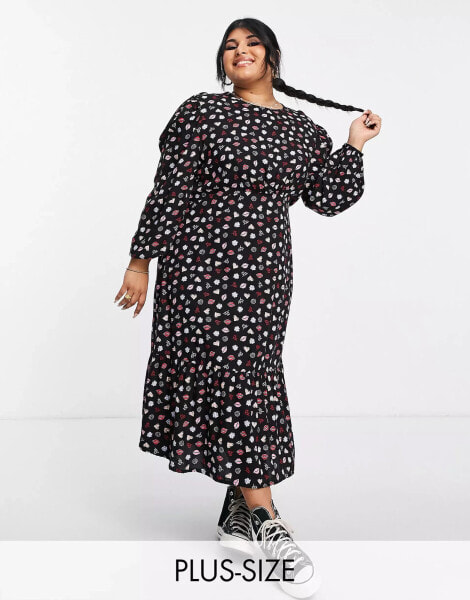 Simply be ruched sleeve tiered midi dress in black floral