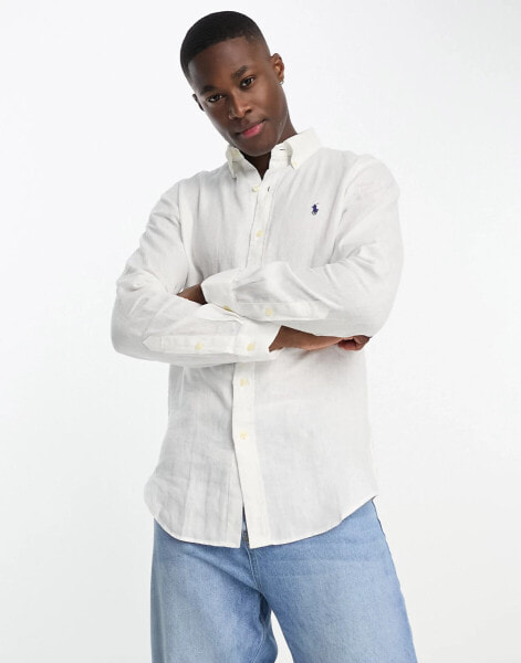 Polo Ralph Lauren icon logo linen shirt custom fit in white