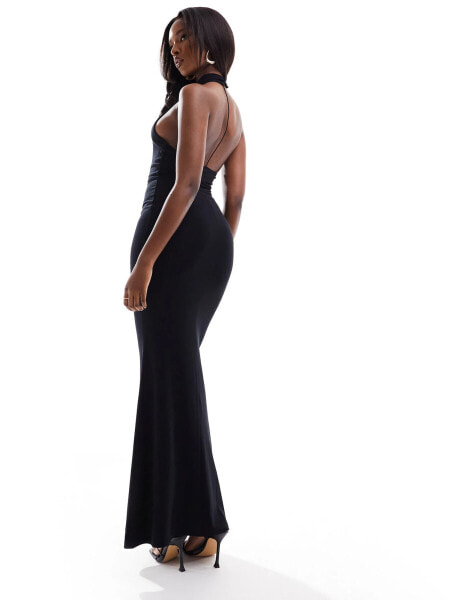 ASOS DESIGN high neck halter maxi dress with cut away side in black