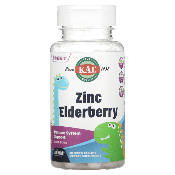 Витамины и минералы Цинк KAL Dinosaurs, Zinc Elderberry, Mixed Berry, 90 Микротаблеток