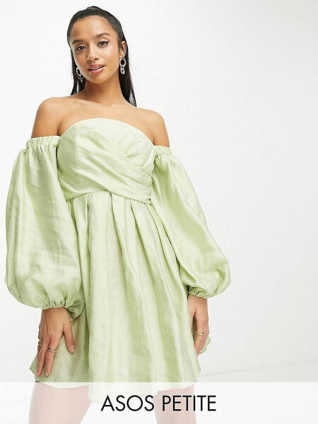 ASOS DESIGN Petite – Schulterfreies Minikleid in verwaschenem Salbeigrün mit Ballonärmeln und gewickeltem Korsettdetail