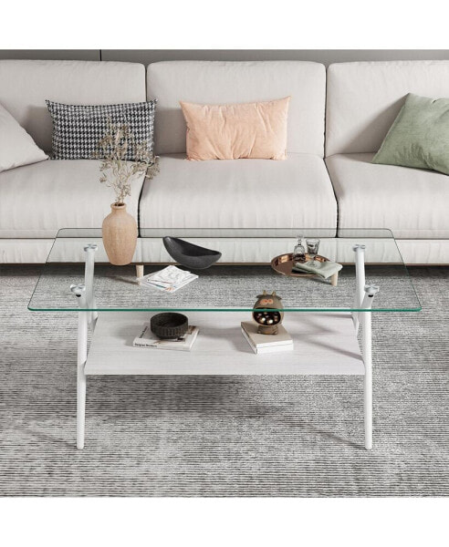 Modern Glass Coffee Table with White Metal Legs