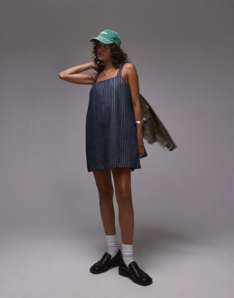 Topshop denim tailored pinafore dress in indigo stripe