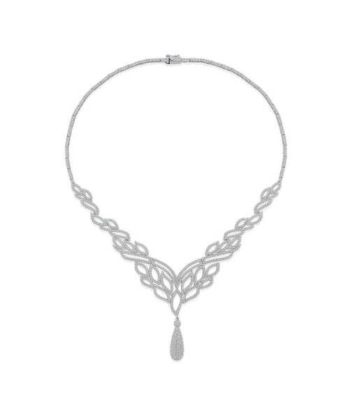 Art Deco-Inspired Leaf Statement Collar Necklace With Cleavage Dangling Teardrop Micro Pave Cubic Zirconia CZ For Women