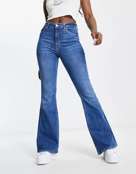 Bershka high waisted flared jeans in mid blue