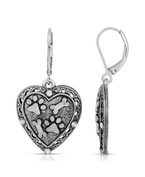 Silver Tone Heart Paw and Bones Drop Earrings