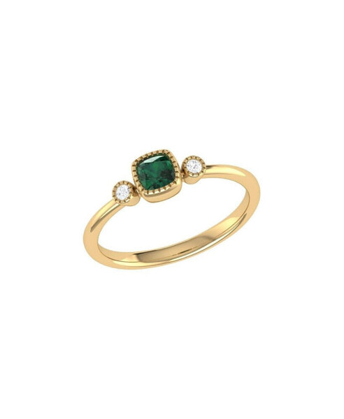 Cushion Emerald Gemstone Round Natural Diamond 14K Yellow Gold Birthstone Ring