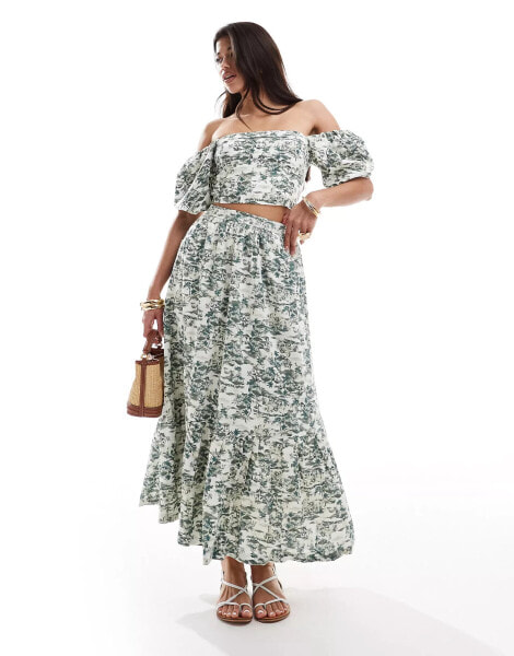 Abercrombie & Fitch co-ord linen blend tiered maxi skirt in green floral print