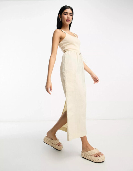 ASOS DESIGN 2 in 1 ribbed scoop neck vest with cargo midi dress with skirt in camel